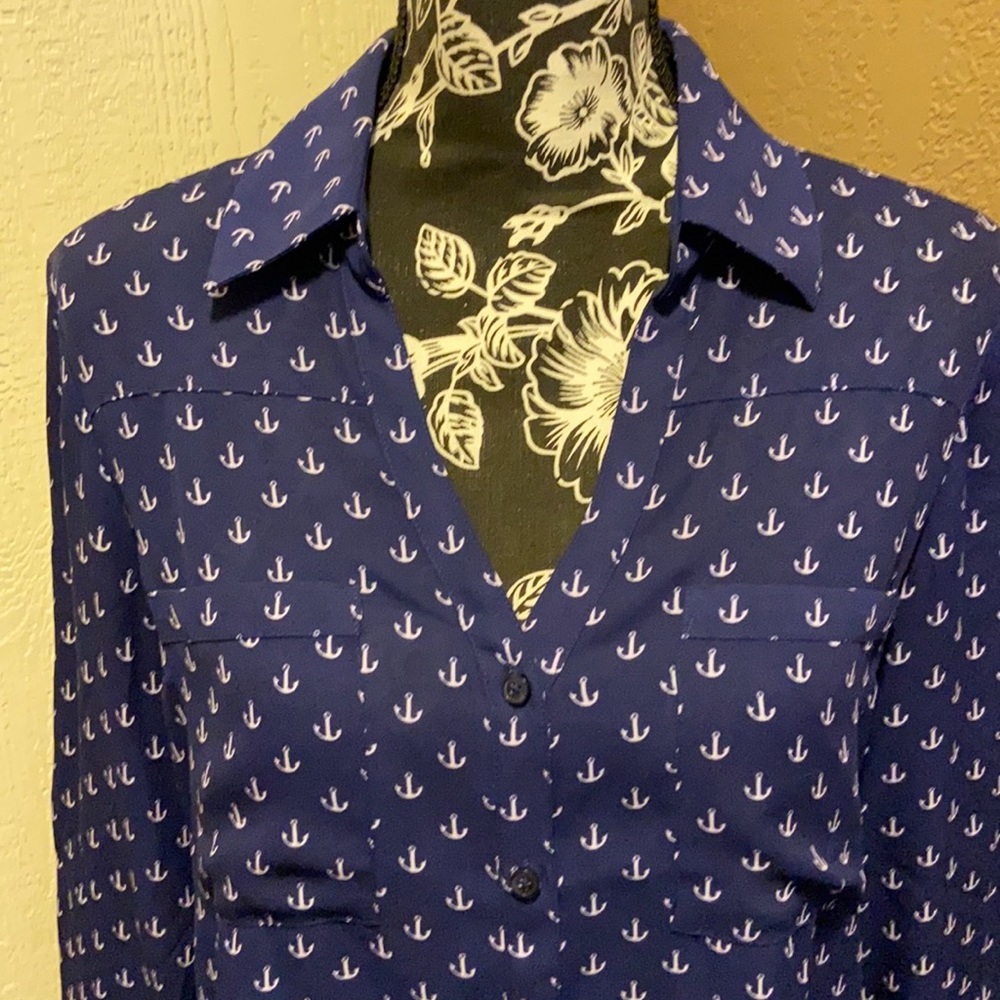 Navy Anchor Print Button-Front Women's Shirt